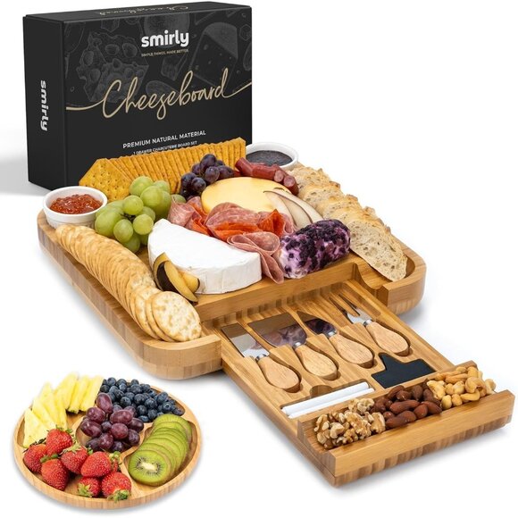 SMIRLY Charcuterie Bamboo Cheese Board Set Meat Crackers 13" x 13" x 1.6" - Picture 1 of 7